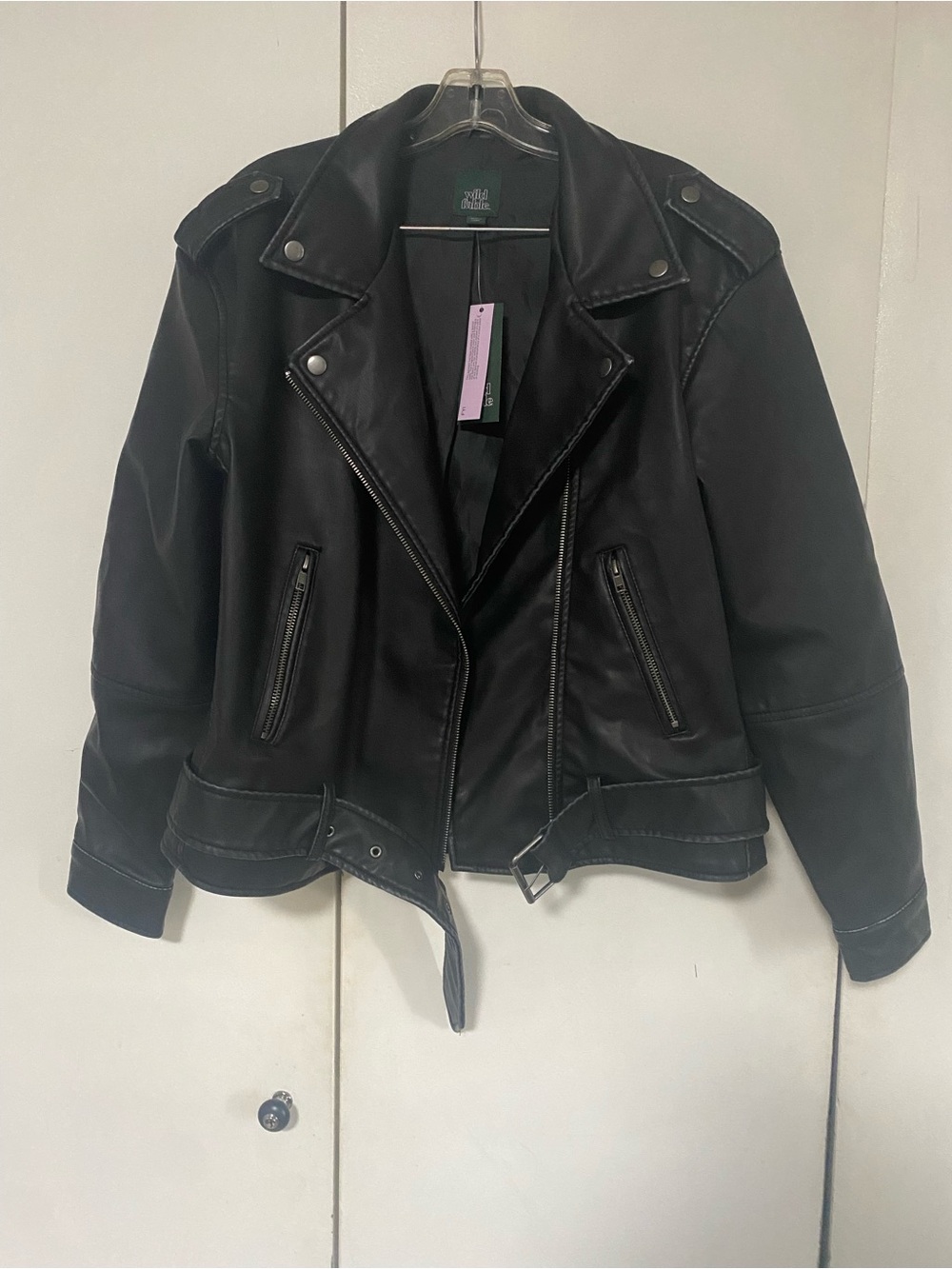 wild fable Black Faux Leather Moto Jacket with Belt